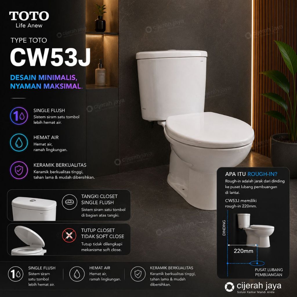 Jual TOTO CLOSET DUDUK CW 53 + SW 53JP/53 + TCD 01R MONOBLOK TOTO CW53 ...