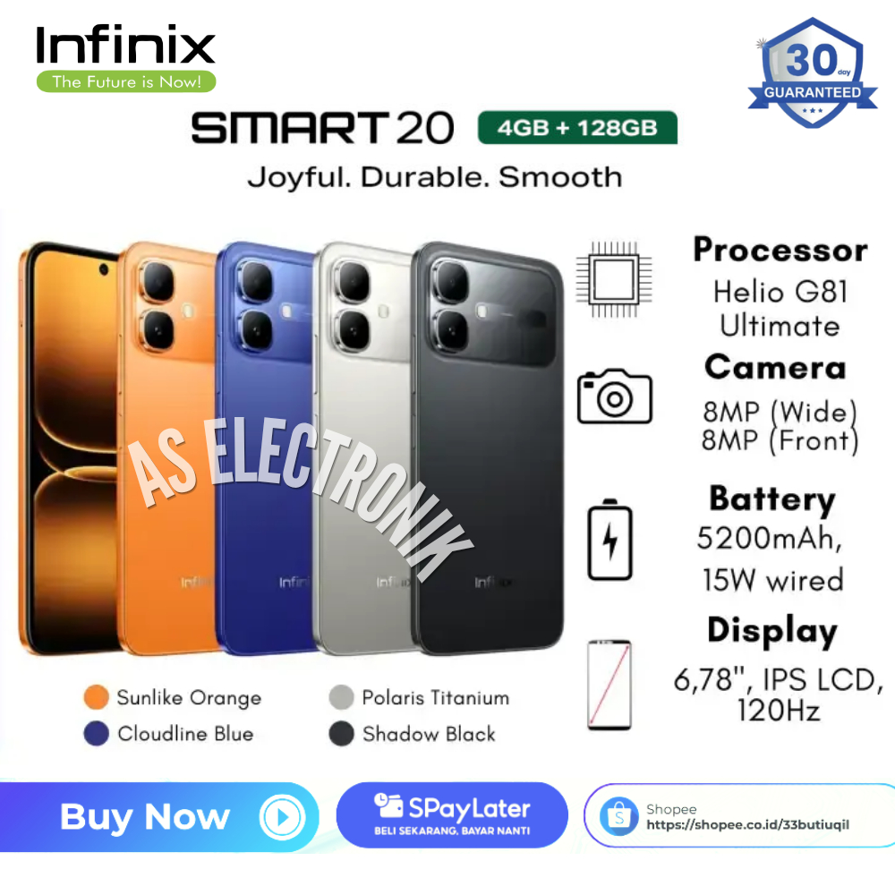 Infinix Smart 20 4/128GB - Up to 8GB Extended RAM - Mediatek Helio G81 - 6.78” - 8MP - 5200 mAh - IP64