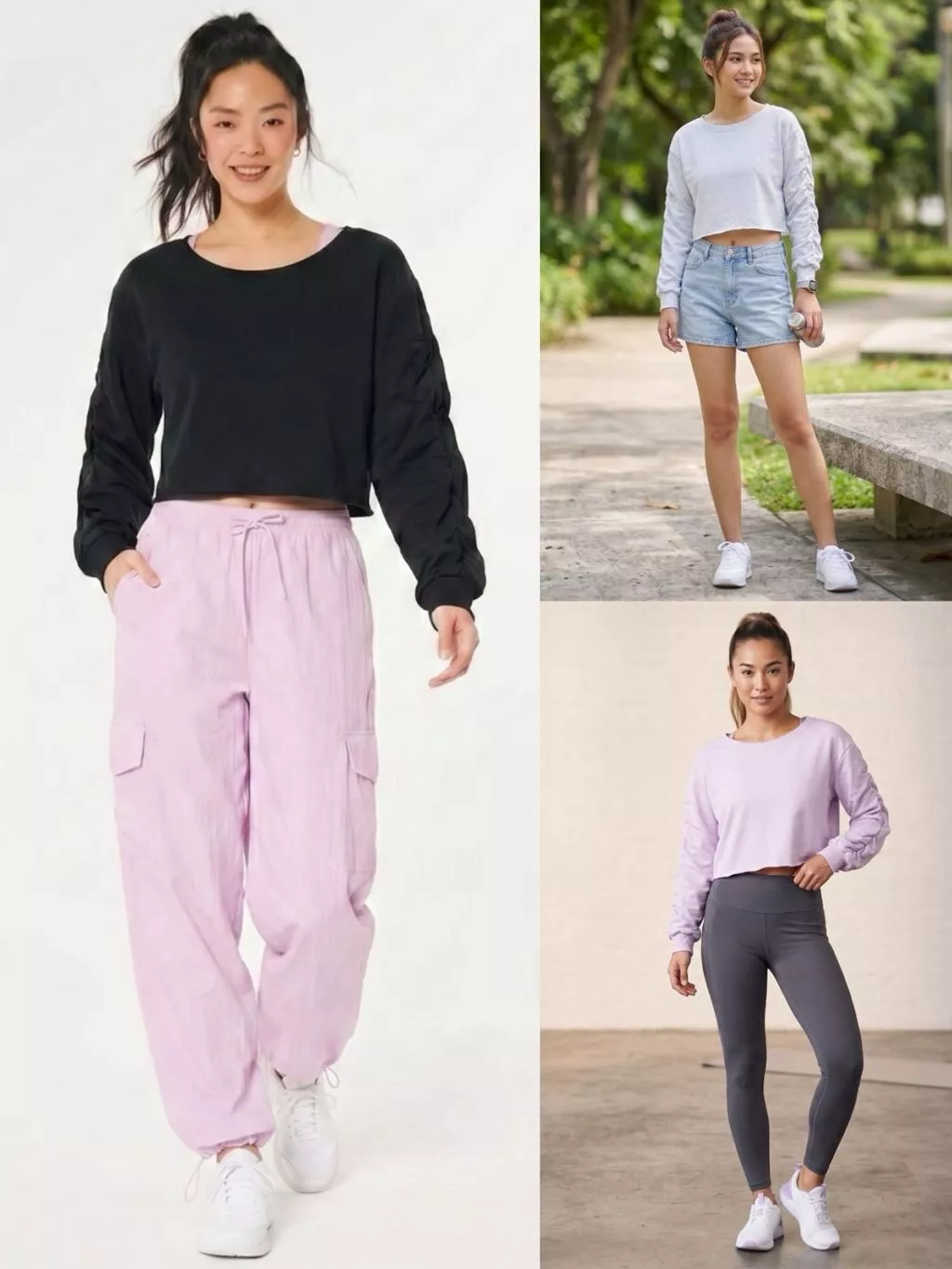 Sweater Wanita Semi-Crop GH Women's Ruched Long-Sleeve Crop Sweatshirt - HLS-2447
