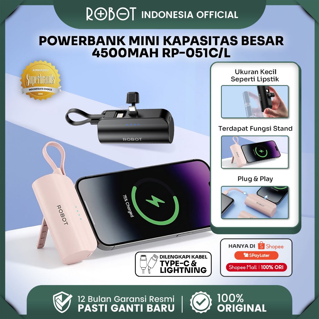 ROBOT Powerbank Mini Fast Charging 4500mAh With Port and Cable Type C Lightning Stand Function Power bank Travel Size Power Bank Original - RP-051L/RP-051C