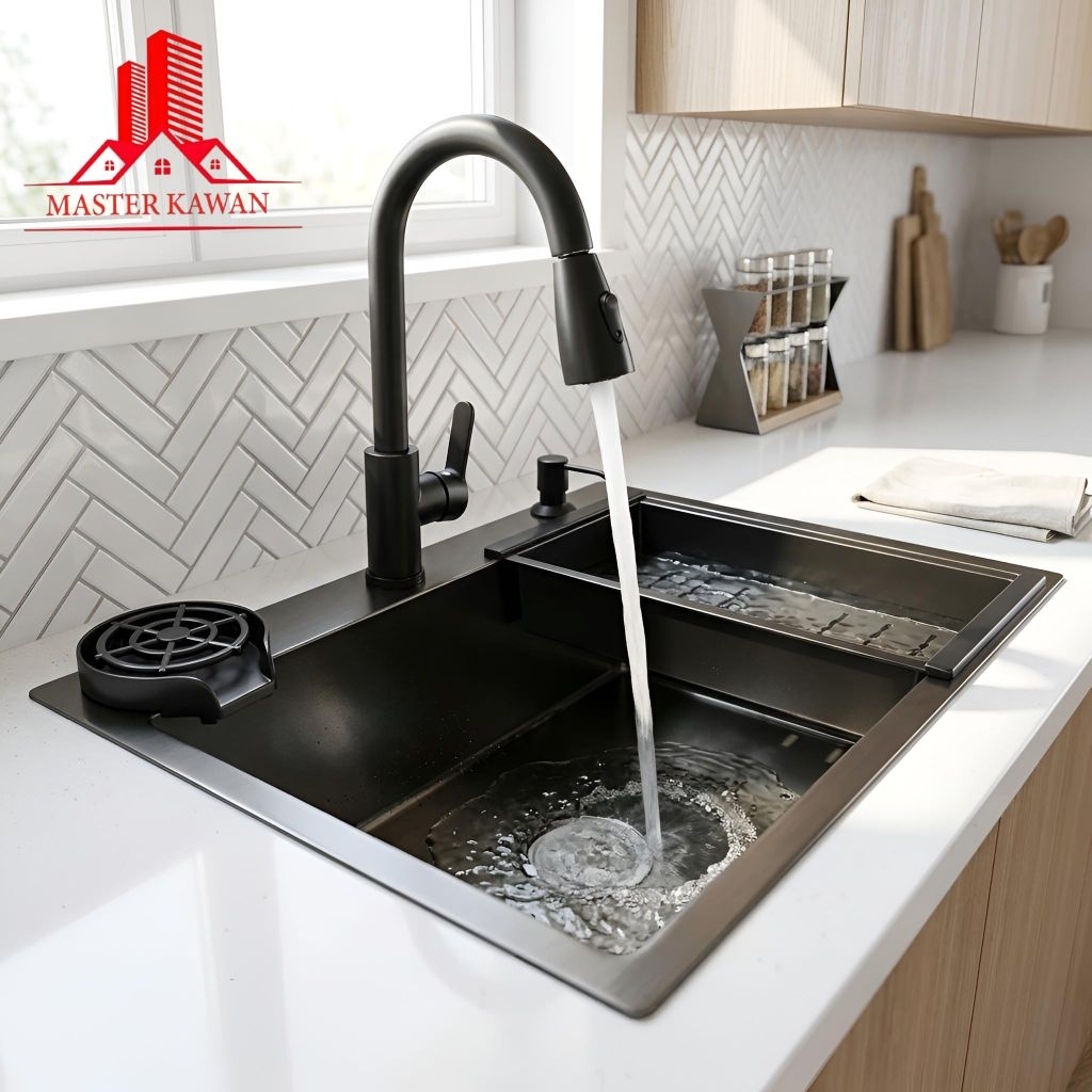 Paket Lengkap Kitchen Sink 5040 Hitam + Pencuci Gelas /Glass Pray + Kran Tarik Fleksibel Hitam Black /Bak Cuci Piring 5040 Hitam 3 MM Set