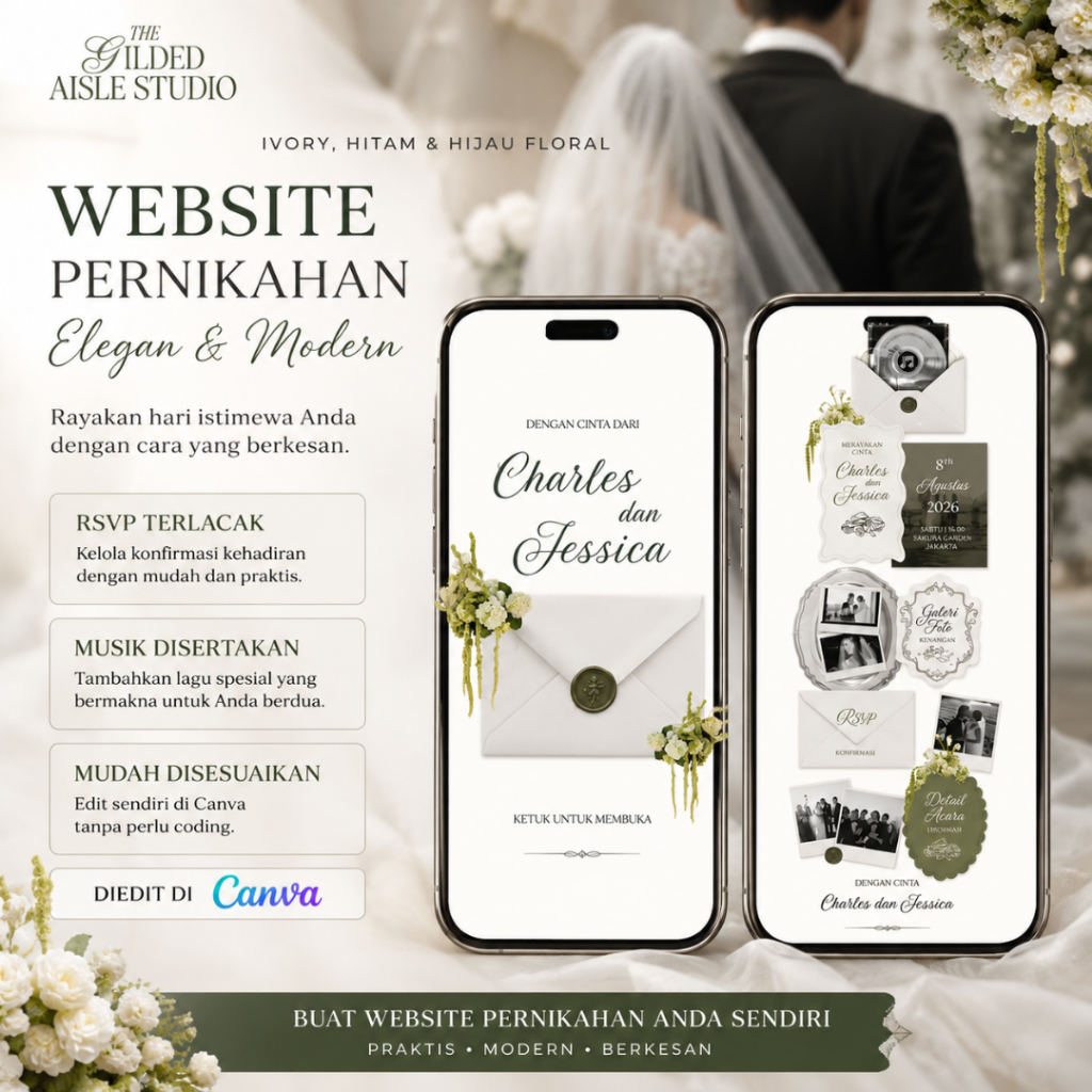 Premium Website Undangan Pernikahan Digital Canva | RSVP, Musik & Countdown Timer Editable