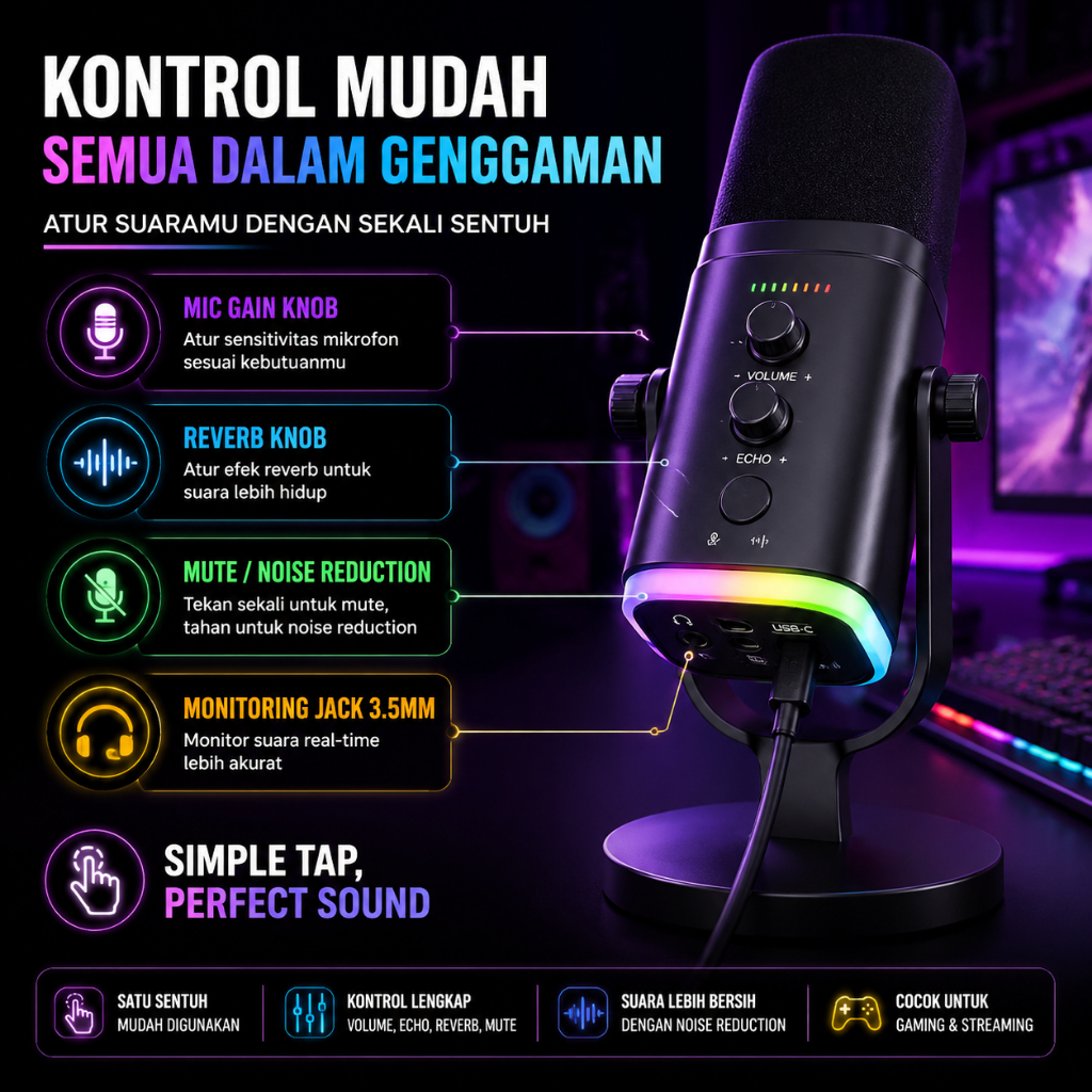 Jual Vegue- YU8 USB Microphone RGB for Live Recording Studio For PC Mic ...