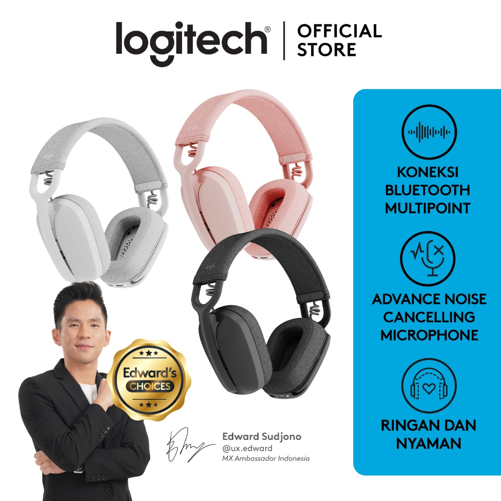 Logitech Zone Vibe 100 Wireless Headphone dengan Bluetooth Multipoint dan Mikrofon Noise-Cancelling