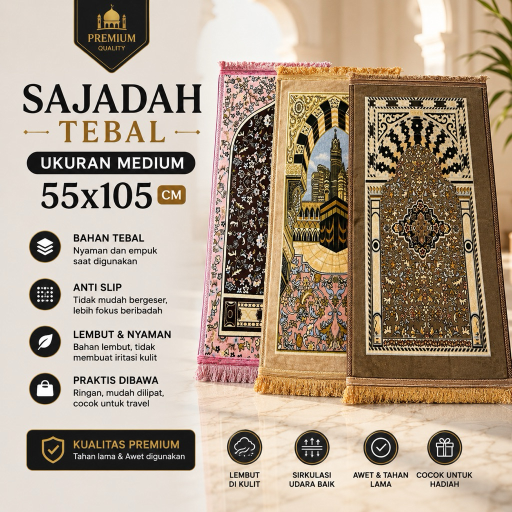 Sajadah Premium Turki 52×110  Lembut Tebal  Stylish Ideal untuk Sholat Harian