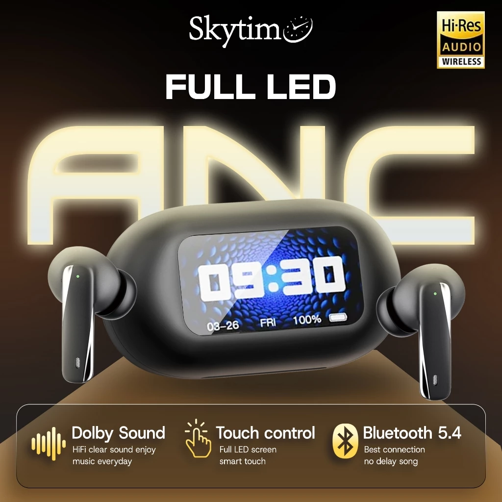 Skytime TWS EP78NC Earphone Bluetooth 5.4 ANC Noise Cancelling Layar Sentuh LED Display Tahan Lama Earbuds Wireless Stereo HD Bass Deep Sound