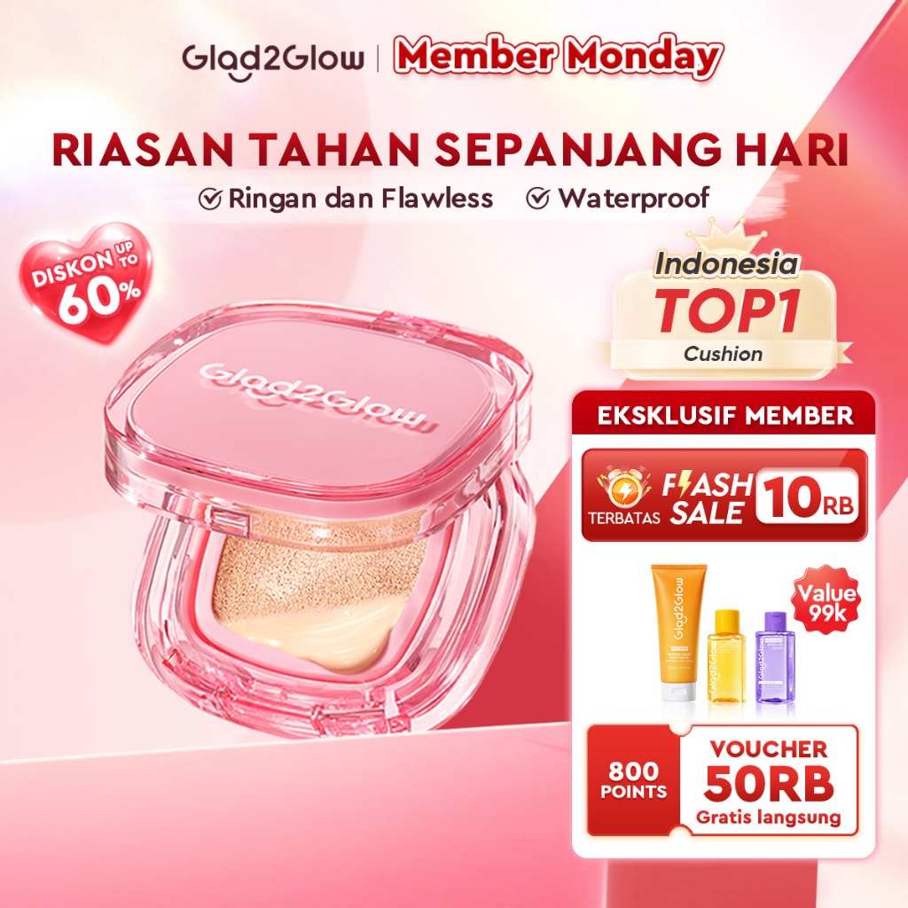 [Hot Sale!]Glad2Glow Perfect Cover Cushion Foundation Waterproof Make Up Setting Concealer BB Cream Tahan Lama Hingga 12 Jam Hasil Akhir Glowing Dan Menyatu Dengan Warna Kulit Tekstur Ringan Di Wajah g2glow official store