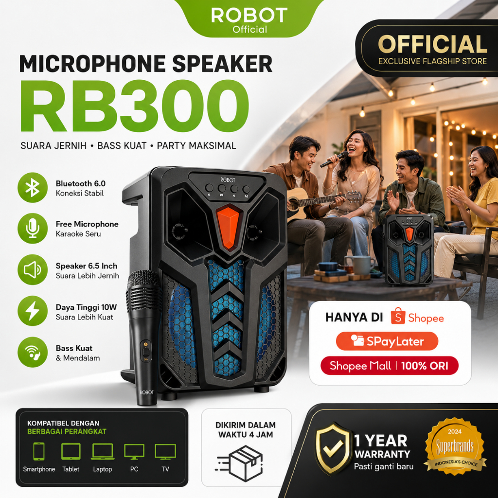 Jual ROBOT RB300 Speaker Bluetooth Karaoke Portable RGB Light Bass ...