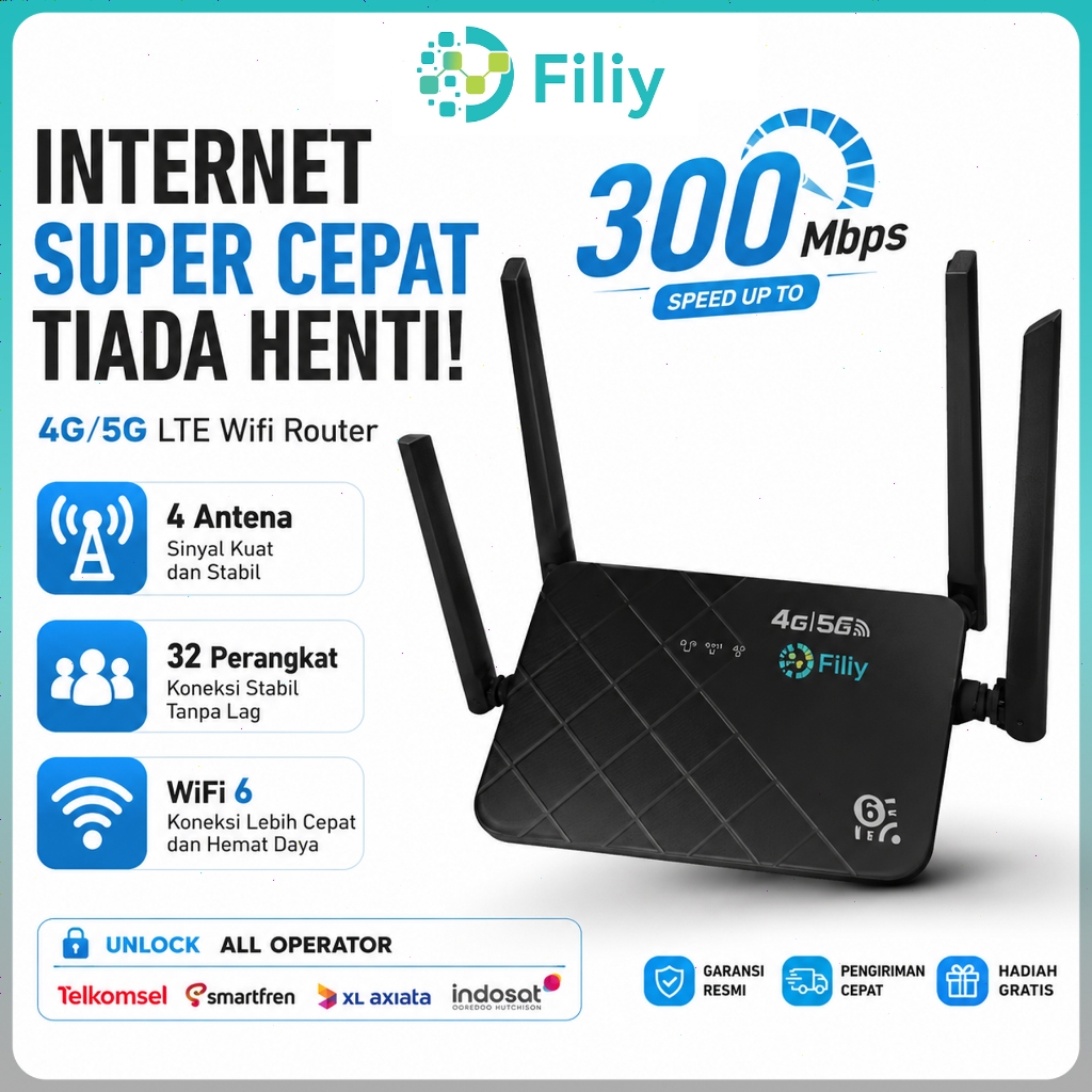 Filiy Pro Modem Wifi Router 4G/5G LTE All Operator Unlock 6 Antena Garansi Resmi 1 Tahun Untuk Semua Support 32 Device Untuk