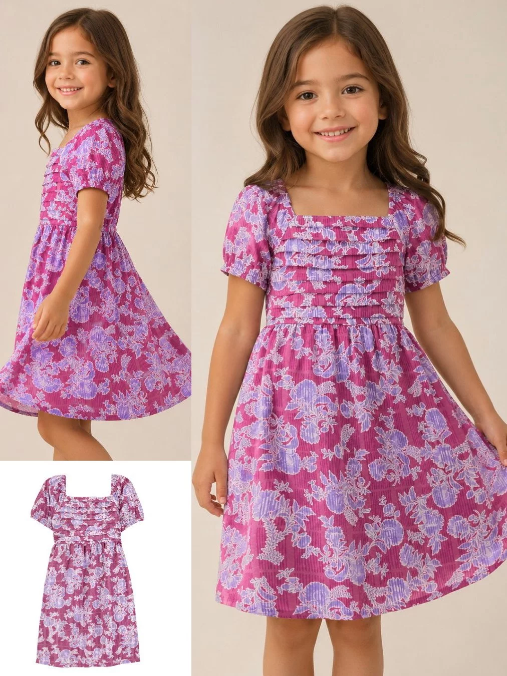 Dress Anak Motif Bunga Cantik OSK Girls Smocked Floral Puff Sleeve Dress - 2603