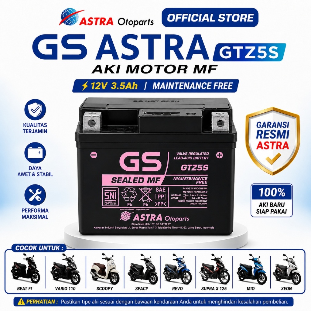 Aki Motor BeAT FI CW, BeAT Karbu, Vario 110, Spacy, Supra X 125, Scoopy GS GTZ5S Aki Kering Original Astra