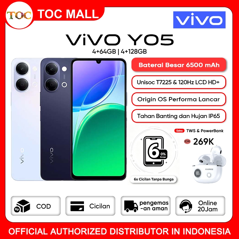 [ Official Store ] Vivo Y05 4/128GB  Tahan Hujan IP65 Unisoc T7225 6500mAh Battery Garansi Resmi