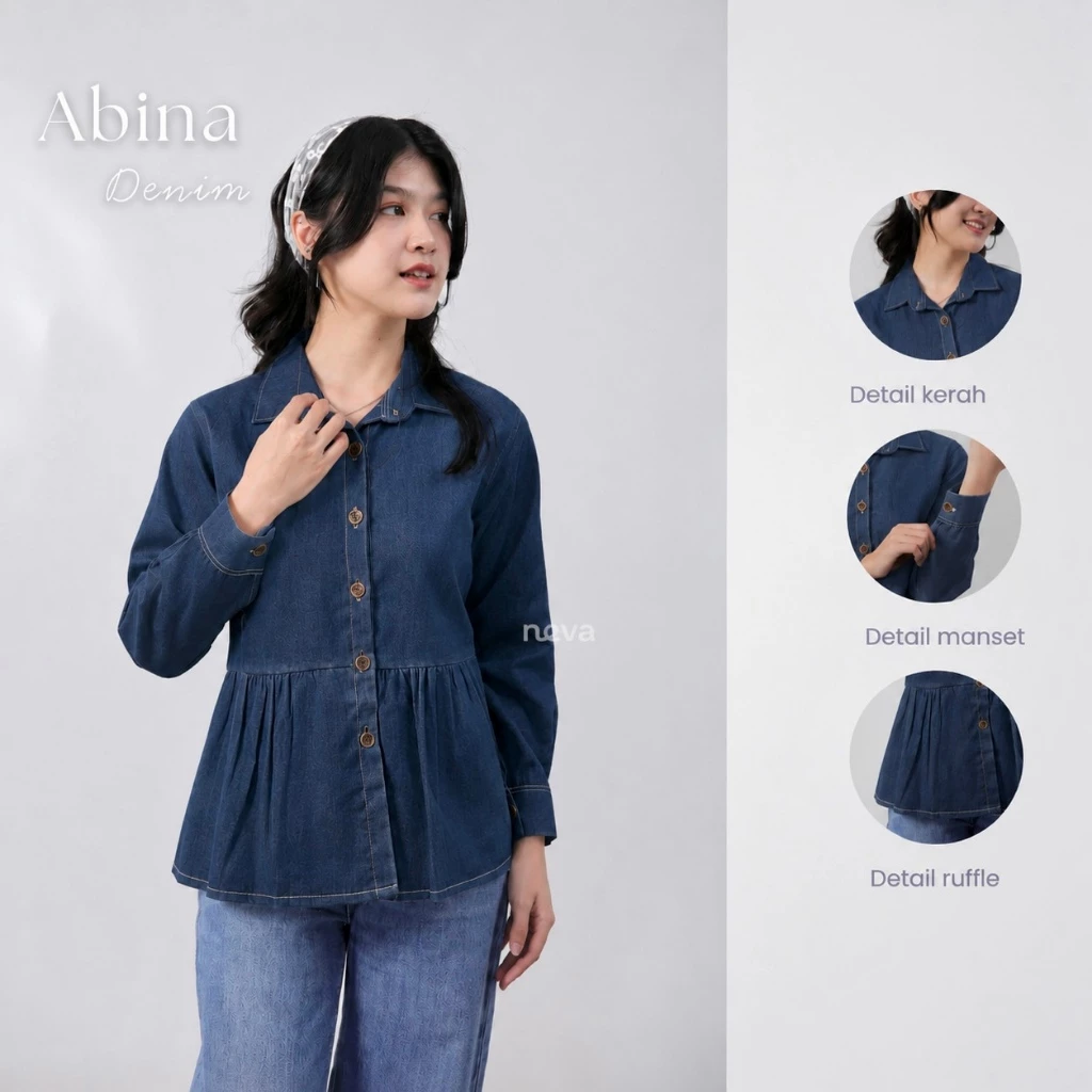 Neva Style -  Abina Blouse Ruffle Denim / Kemeja Peplum Wanita Lengan Panjang / Atasan Cewek Casual Modis Fashionable Outfit Simple dan Kekinian