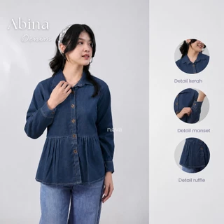 Neva Style -  Abina Blouse Ruffle Denim / Kemeja Peplum Wanita Lengan Panjang / Atasan Cewek Casual Modis Fashionable Outfit Simple dan Kekinian