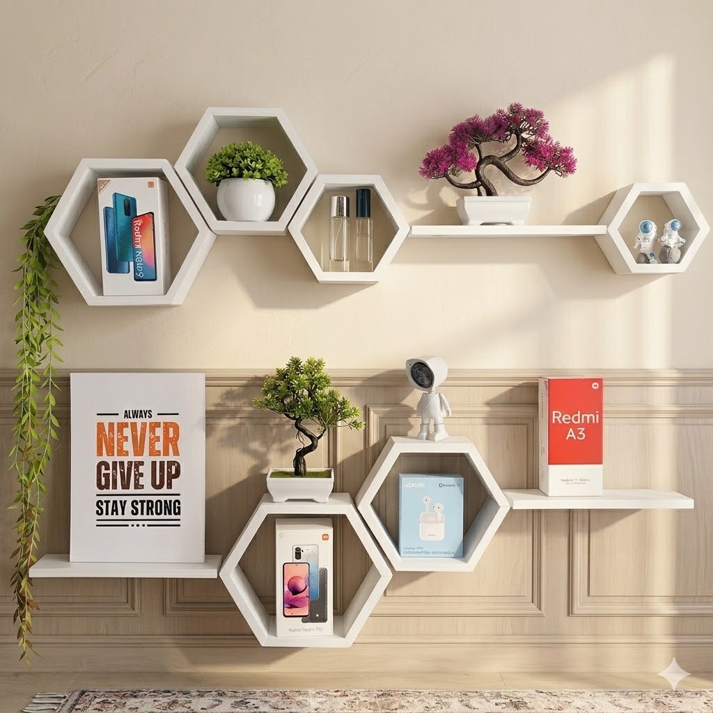Hiasan Rak Dinding 1 set hexagonal kayu jati belanda kamar tidur keren aesthetic pajangan ruang tamu menarik