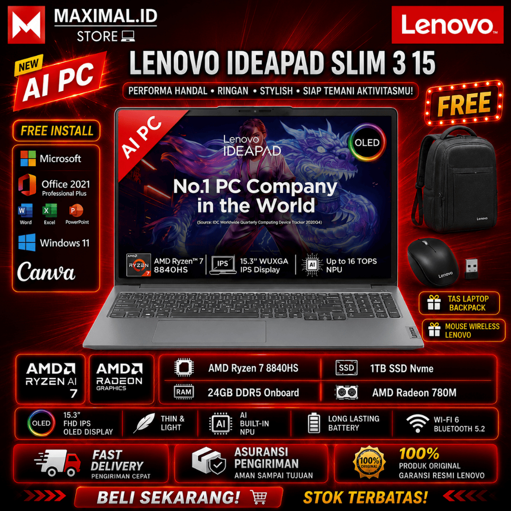 Jual Lenovo Ideapad Slim 3 15 AMD Ryzen 7 8840HS 40GB DDR5 1TB SSD ...