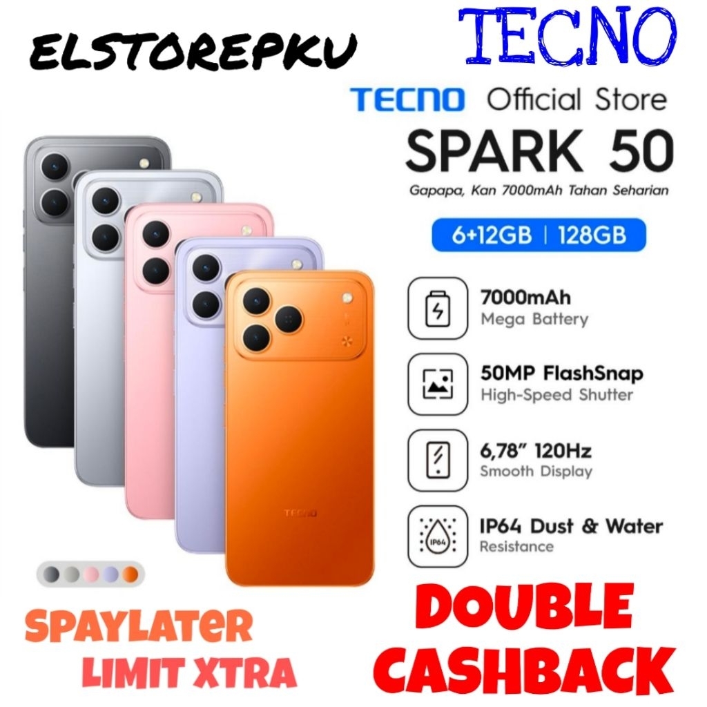 Tecno Spark 50 Desain keren 8/128 + 6/128 Resmi Layar 120Hz baterai 7000mAh 18watt Ip64 Helio G81