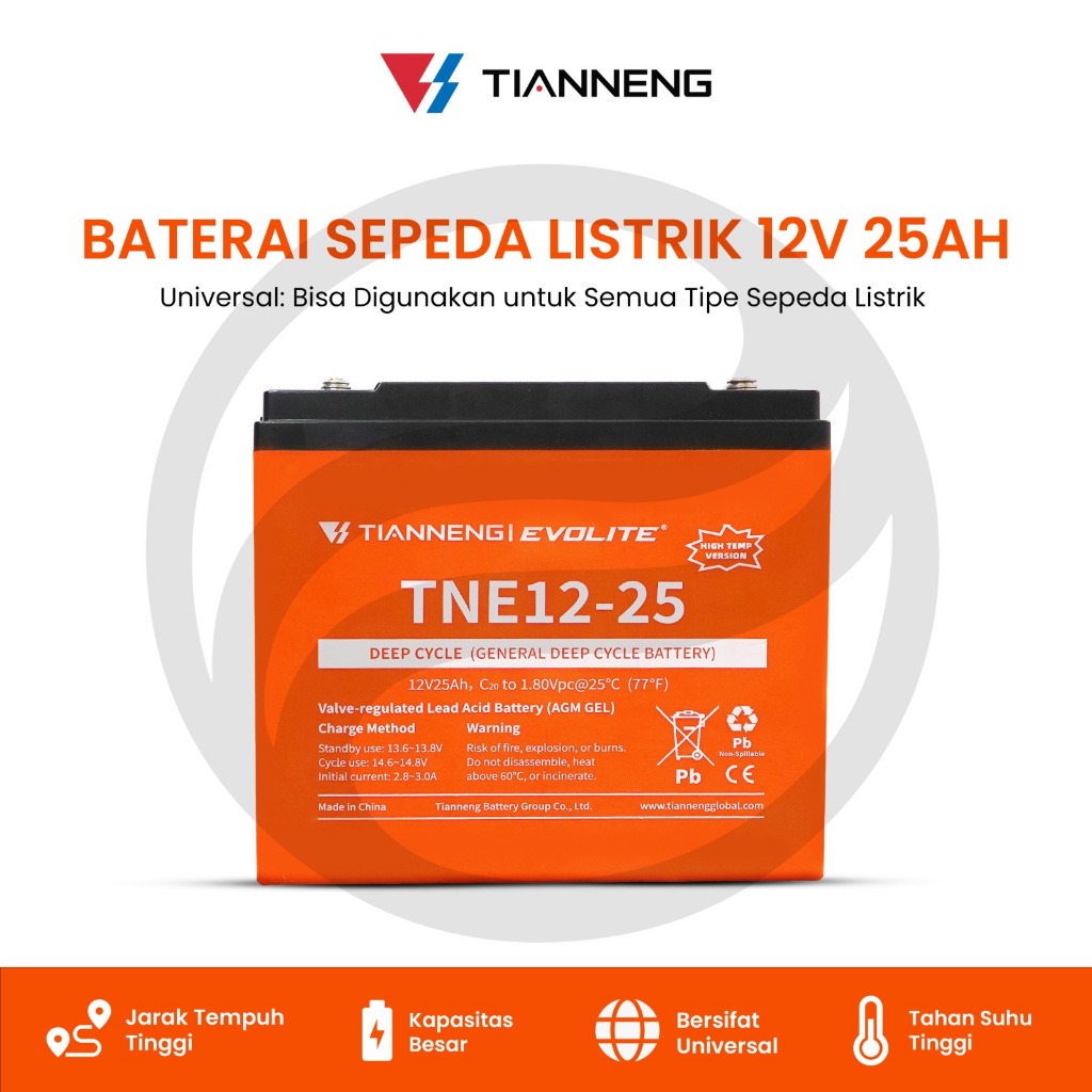 Baterai / Aki Premium Tianneng Evolite 12V  25Ah – High Temperature Deep Cycle untuk Sepeda & Motor Listrik