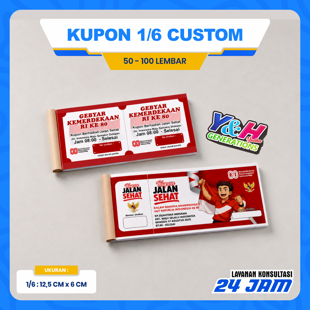 KUPON 1/6 CUSTOM KUPON 17 AGUSTUS MURAH KUPON KEMRDEKAAN  KARCIS PARKIR, PENJUALAN, SEBLAK, RITEL, DLL