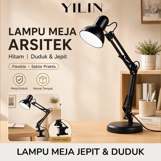 Lampu Meja Belajar Arsitek Jepit & Duduk E27 Flexible Hitam Saklar ON/OFF Lampu Kerja Baca Minimalis
