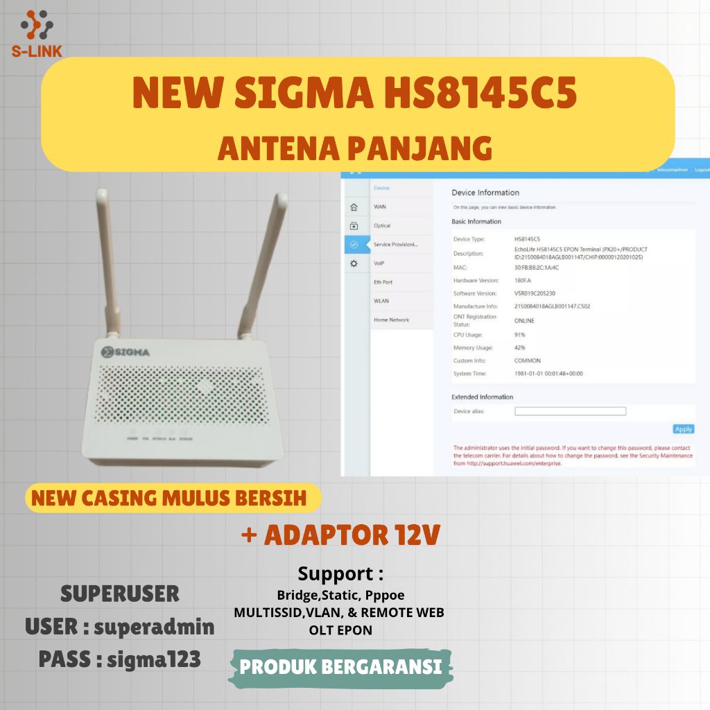 Jual NEW ONT EPON SIGMA HS8145C5 DENGAN ADAPTOR FIMWARE HUAWEI | Shopee ...