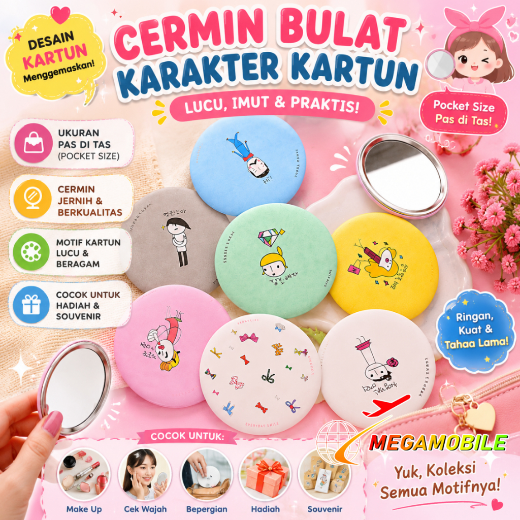 MM  Cermin Bulat Karakter Motif Kartun Lucu Kaca Travelling Ukuran Mini Mudah Di Bawa Travel Size