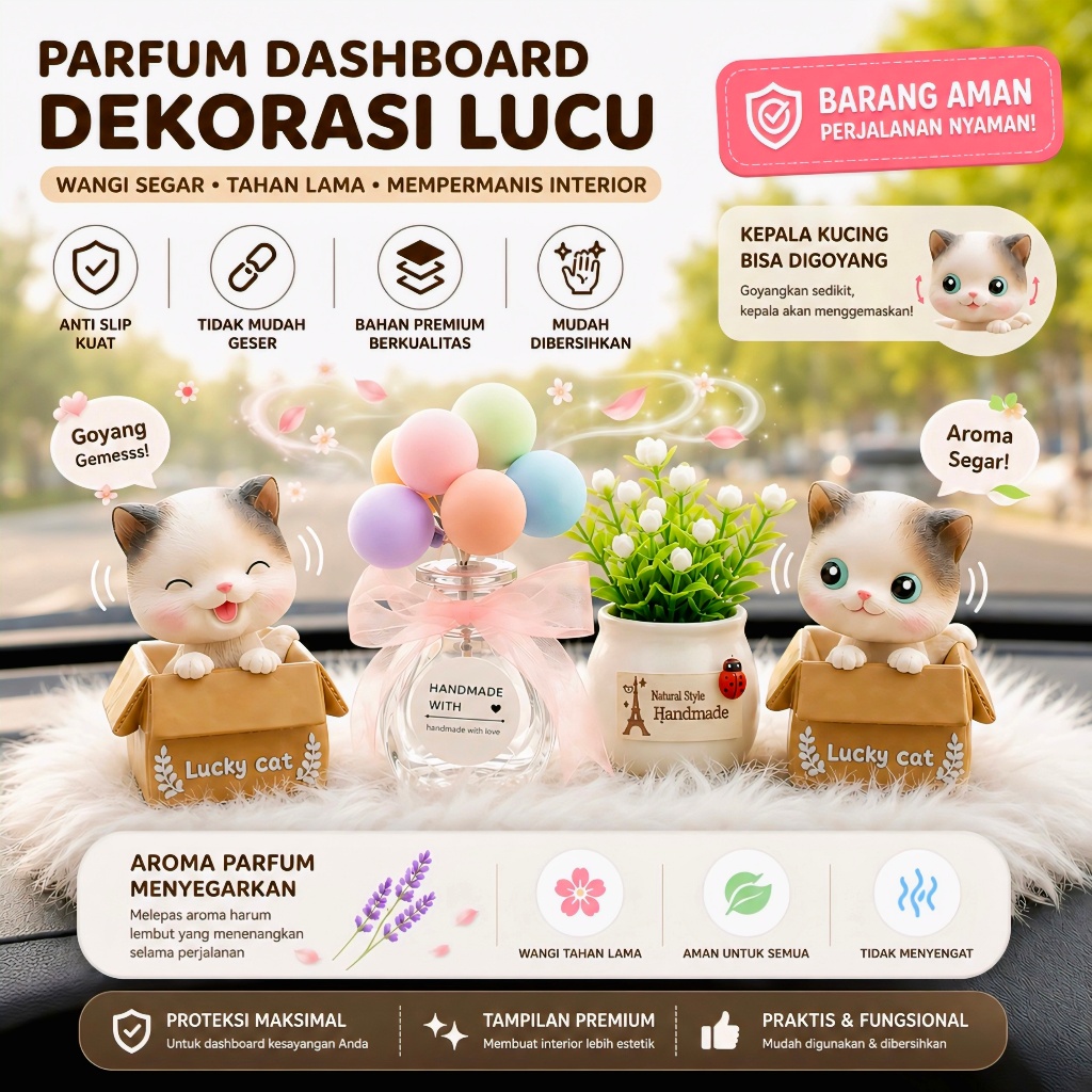 [ LENGKAP SIAP PASANG ]  Pajangan Kucing Imut Mata Terbuka Dan Mata Tertutup Hiasan Interior Mobil Pajangan Dashboard Mobil