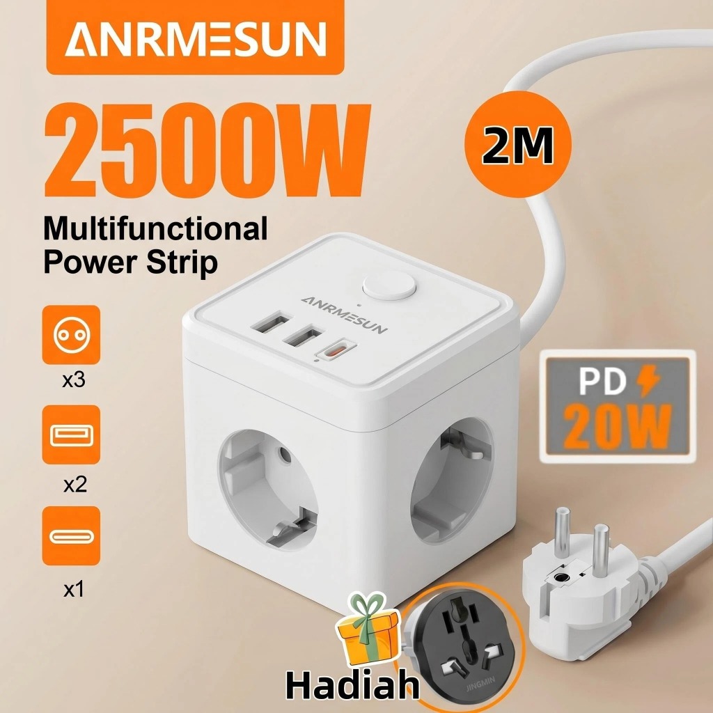 Jual ANRMESUN Stop Kontak USB Adaptor Sambungan Kabel 2M Arde Colokan ...