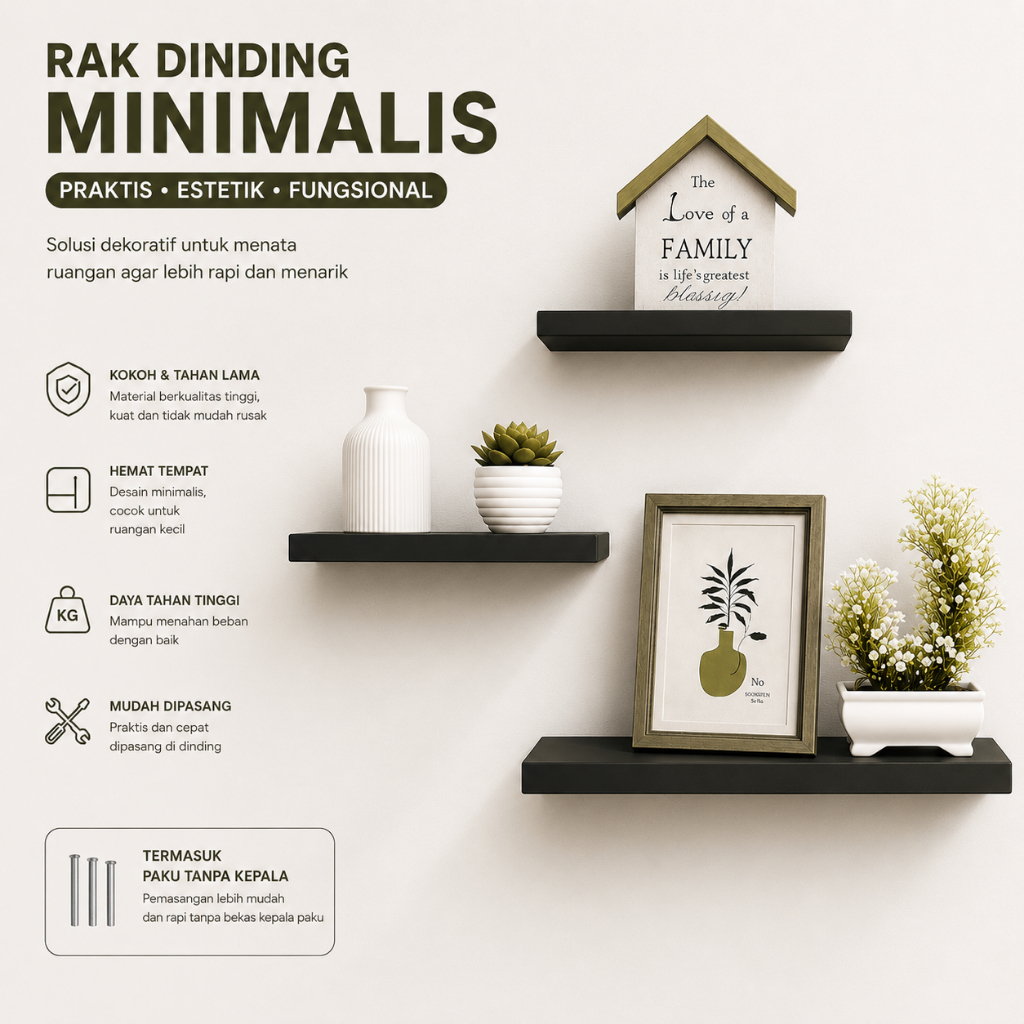 Termurah COD 1 Paket Isi 4 Rak Ambalan Dinding Tempel Kayu Minimalis | Hiasan Dinding Ruang Tamu Kamar Dapur | Rak Serbaguna Make Up Buku Bunga Kosmetik Bumbu Dapur | Ambalan Tempel Dekorasi Rumah Estetik Sudah Termasuk Paku