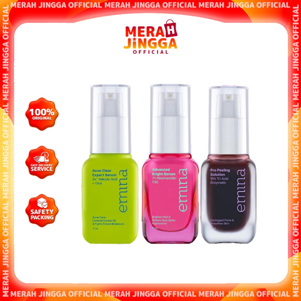Emina Serum Complete Series - Kering & Kusam, Kemerahan dan Berjerawat, Kulit Tekstur 17 ml | Serum Mencerahkan Wajah, Meredakan Jerawat dan Kemerahan, Memperbaiki Tekstur Kulit, Serum Niacinamide, Cica, Salicylic Acid | Merah Jingga Official