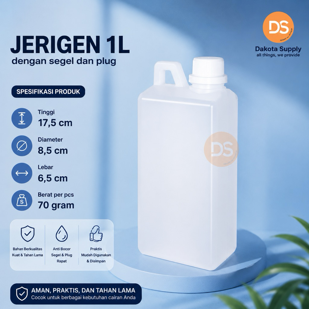 Jerigen 1 Liter Bahan HDPE dgn SEGEL dan PLUG /  Jerigen Kotak 1000ML / Botol Jerigen 1 Liter