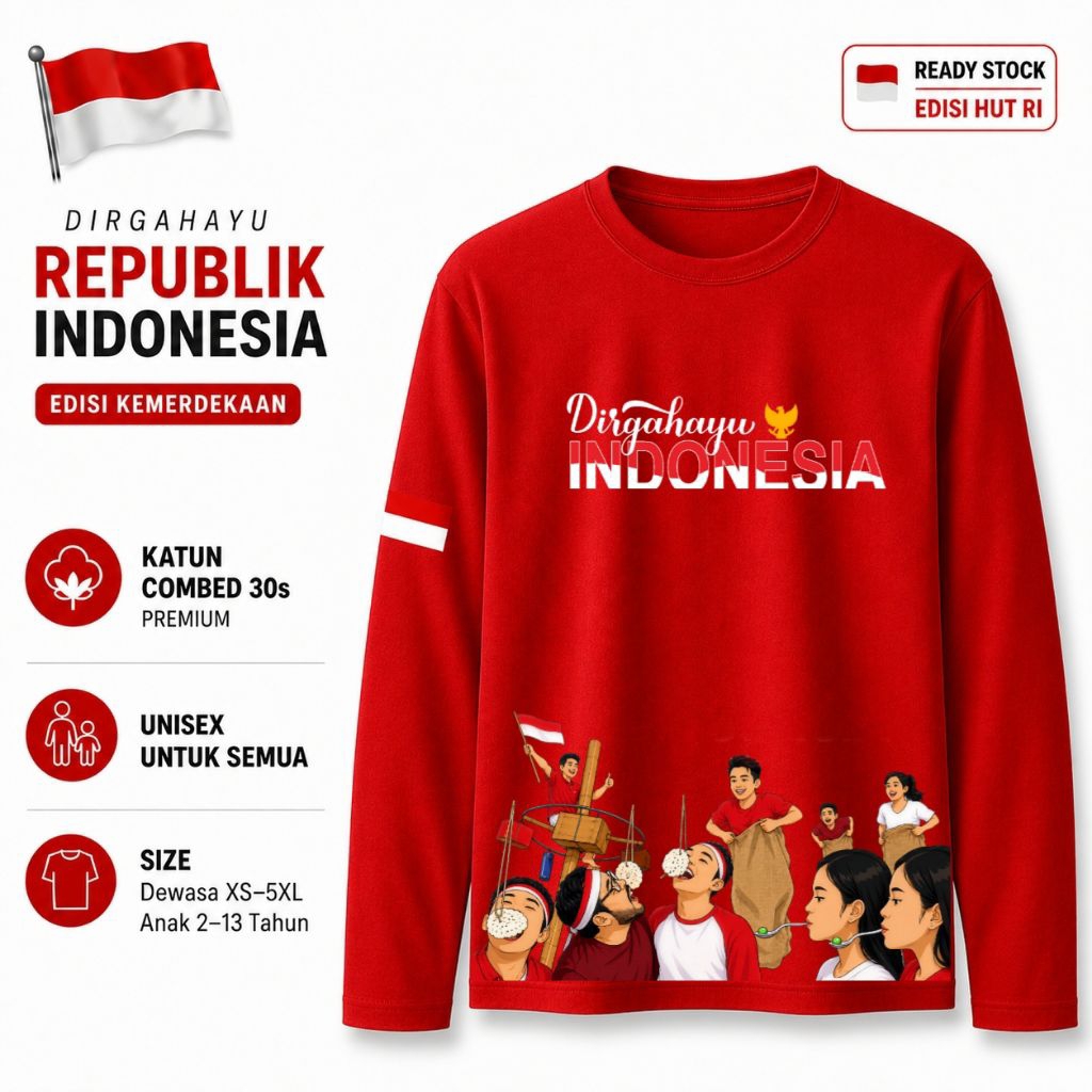 ACC WIJAYA | PREMIUM QUALITY | Baju/ Atasan / Kaos Lengan Panjang Unisex Dewasa XS-5XL  & Anak 2th-13th LP123 HUT RI 17 AGUSTUS KEMERDEKAAN RI Indonesia Katun Combed Adem&Nyerap Keringat