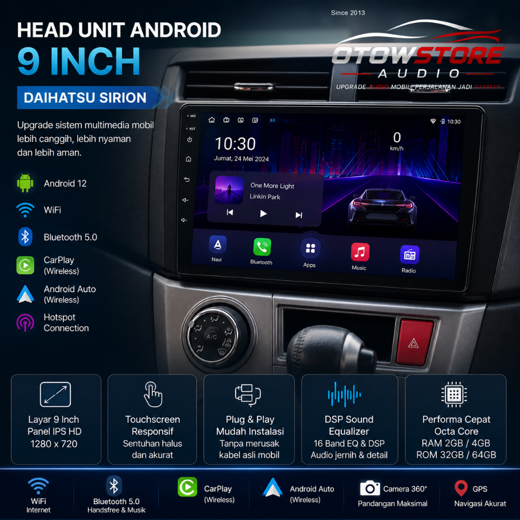Headunit Android Daihatsu Sirion 10 inch Android 12 ram 2 32 Carplay android auto GPS wifi Netflix Youtube DSP