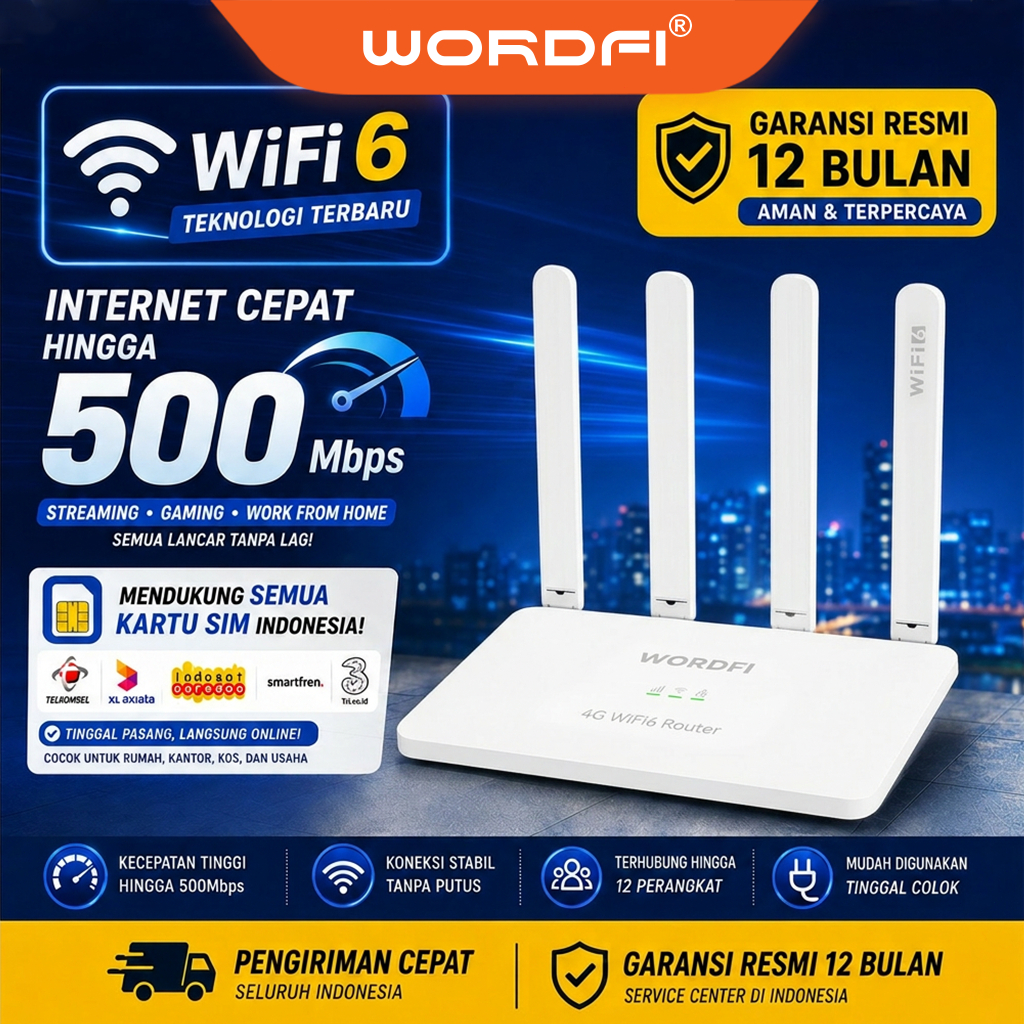 WORDFI Router 4G LTE WiFi 6 500Mbps Modem SIM Card Semua Operator Support Lock Band WAN/LAN Plug & Play Hotspot Rumah