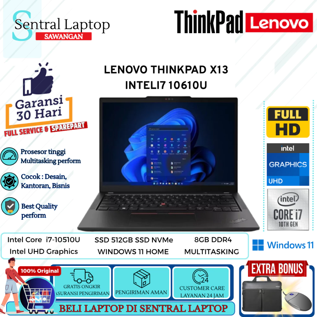 LAPTOP MURAH LENOVO Thinkpad X13 Intel i7 GEN 10/11 RAM 16GB 512GB SSD 13.3WUXGA IPS WIN 11 PRO