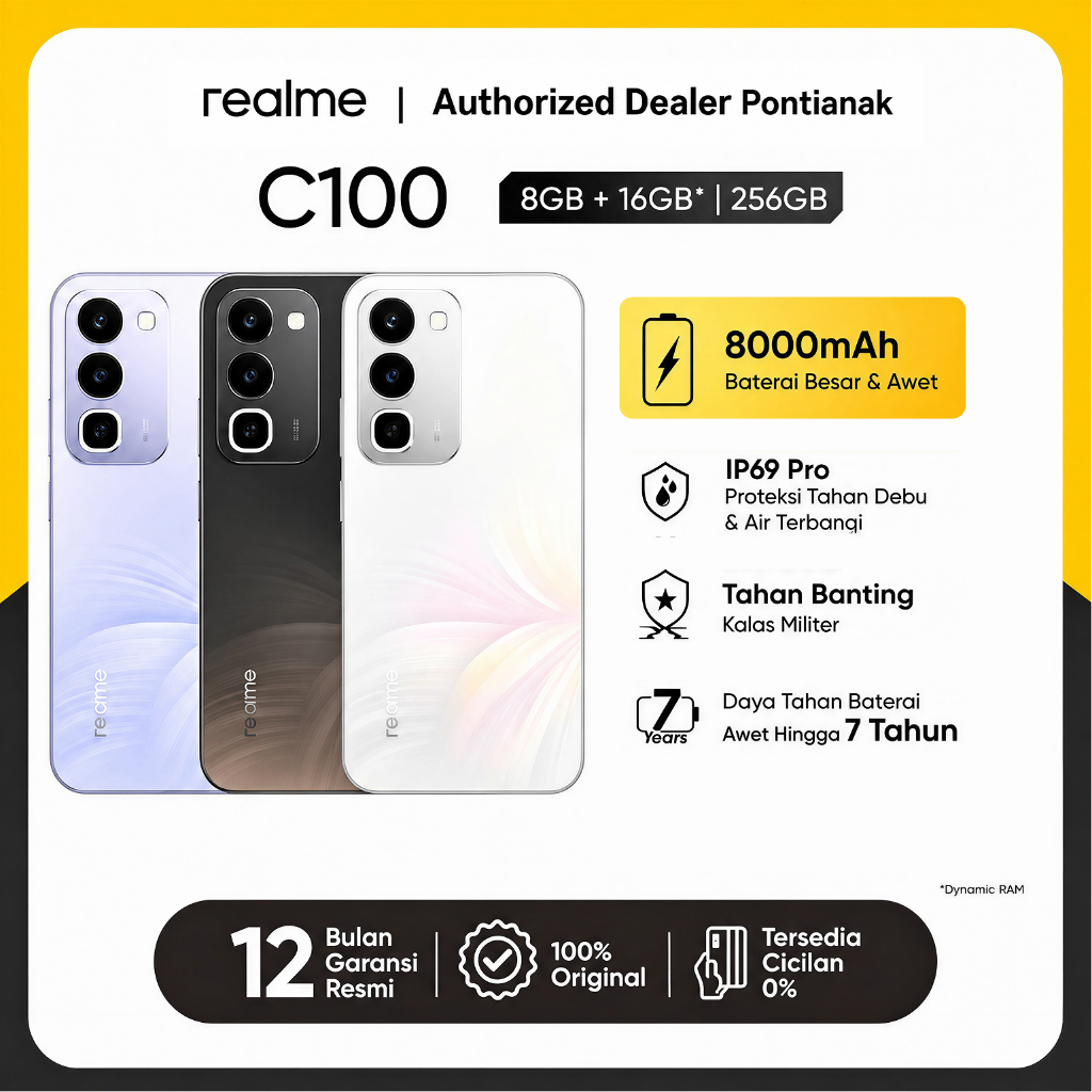 realme C100 8GB+16GB*|256GB  HP flagship kelas pemula + Baterai jumbo 8000mAh + Pengisian cepat 45W + Perlindungan kelas atas IP69K + Layar layar tinggi 120Hz