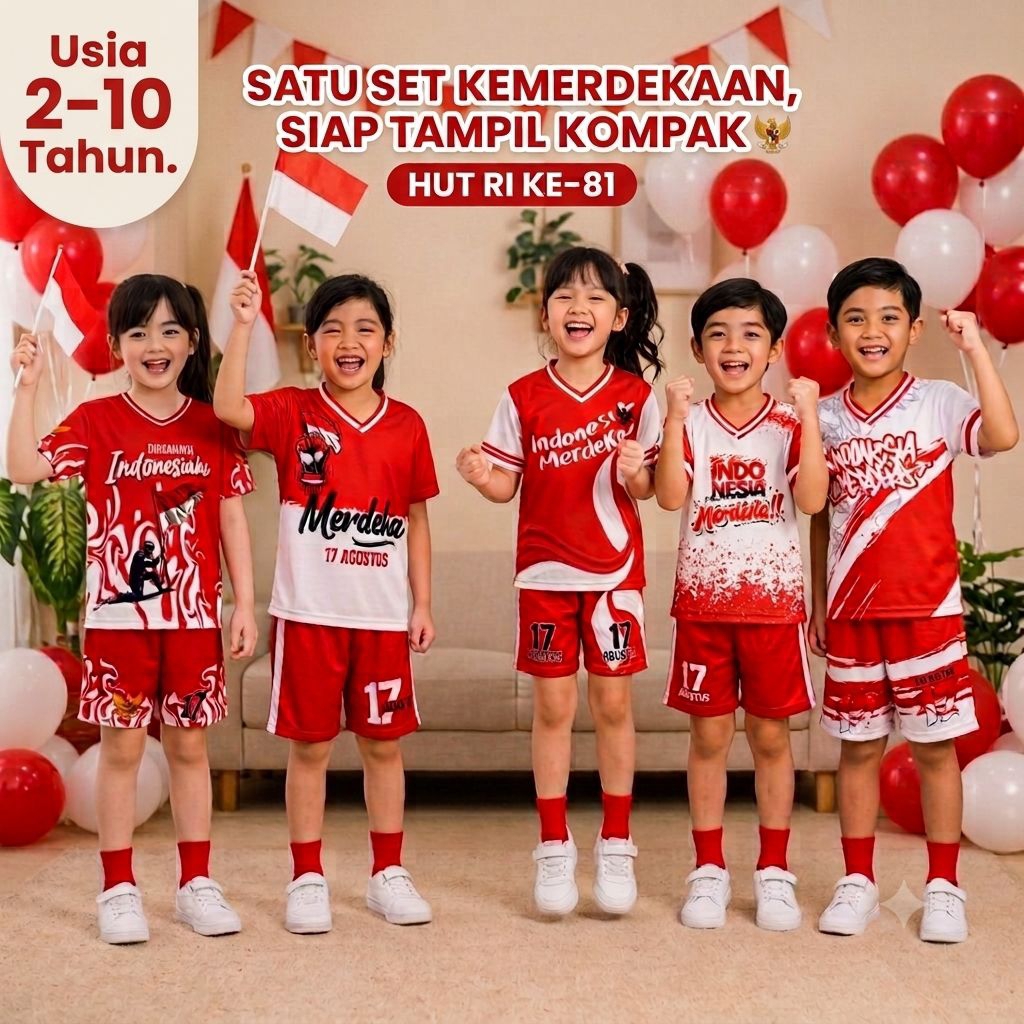 Setelan Jersey Anak Drifit Merah Putih Tema Kemerdekaan - Baju Olahraga Lomba 17 Agustus Anak Usia 2-10 Tahun