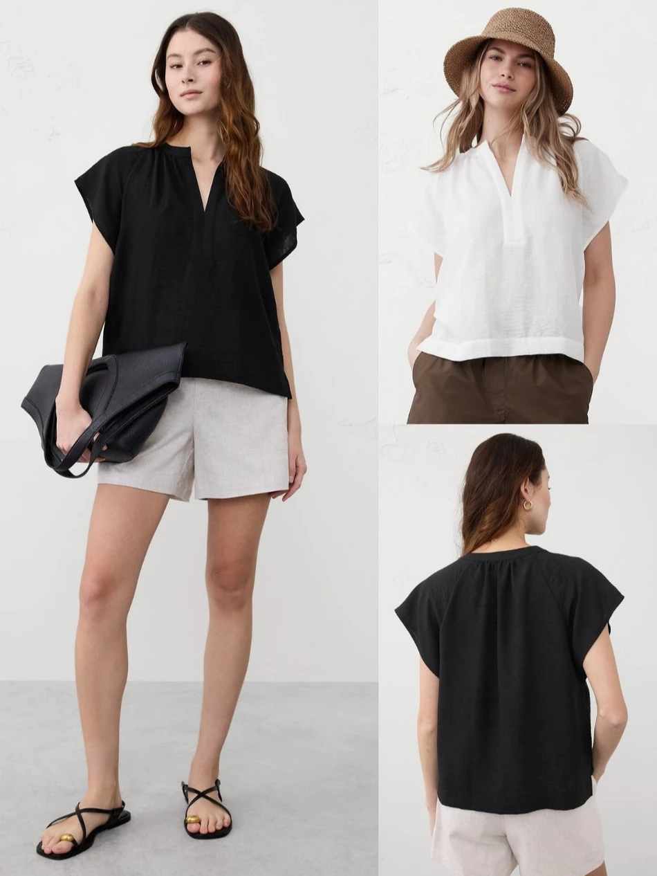 Blus Wanita Leher Split-Neck Bahan Tekstur Crinkle BR Raglan-Sleeve Top - 2722
