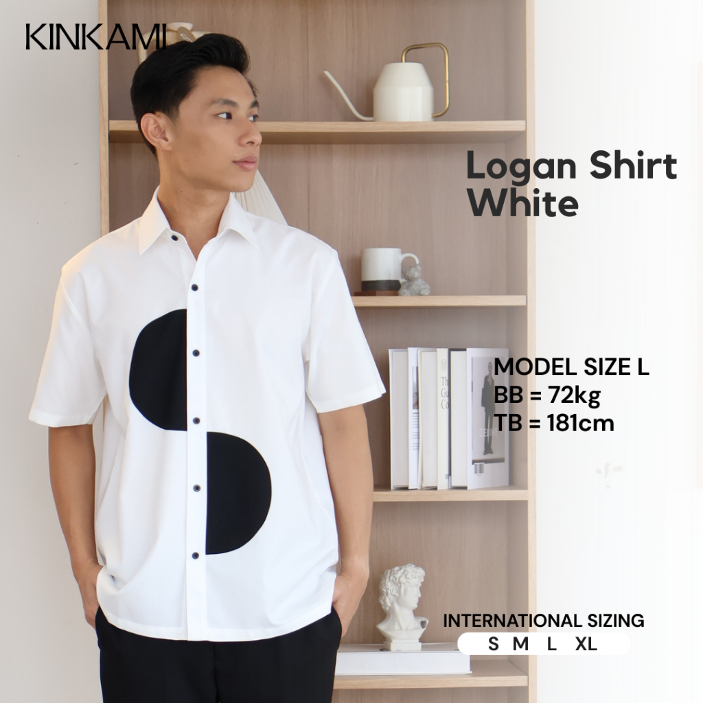 Kemeja Pria Lengan Pendek Premium Hitam Putih Motif Lingkaran | LOGAN White by KINKAMI