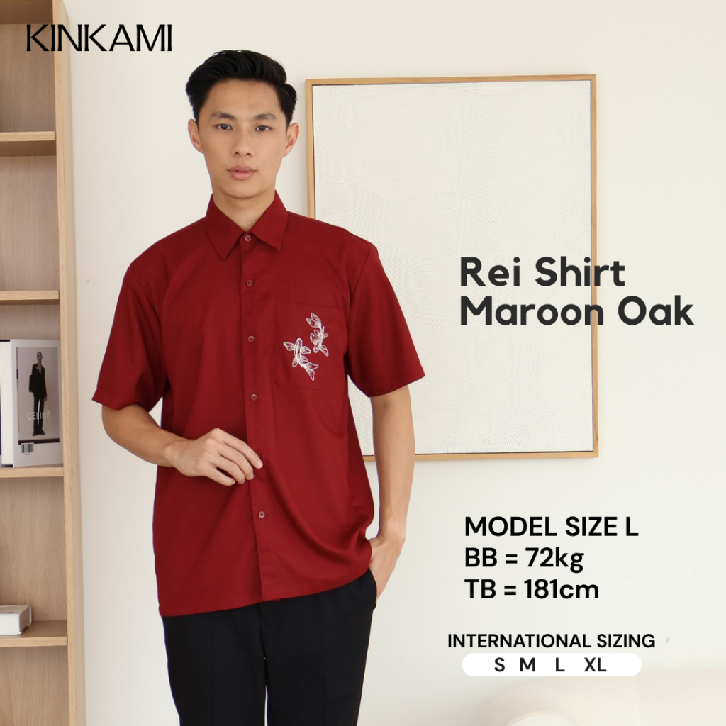 Kemeja Pria Lengan Pendek Premium Motif Bordir Binatang | Baju Atasan | REI Maroon Oak by KINKAMI
