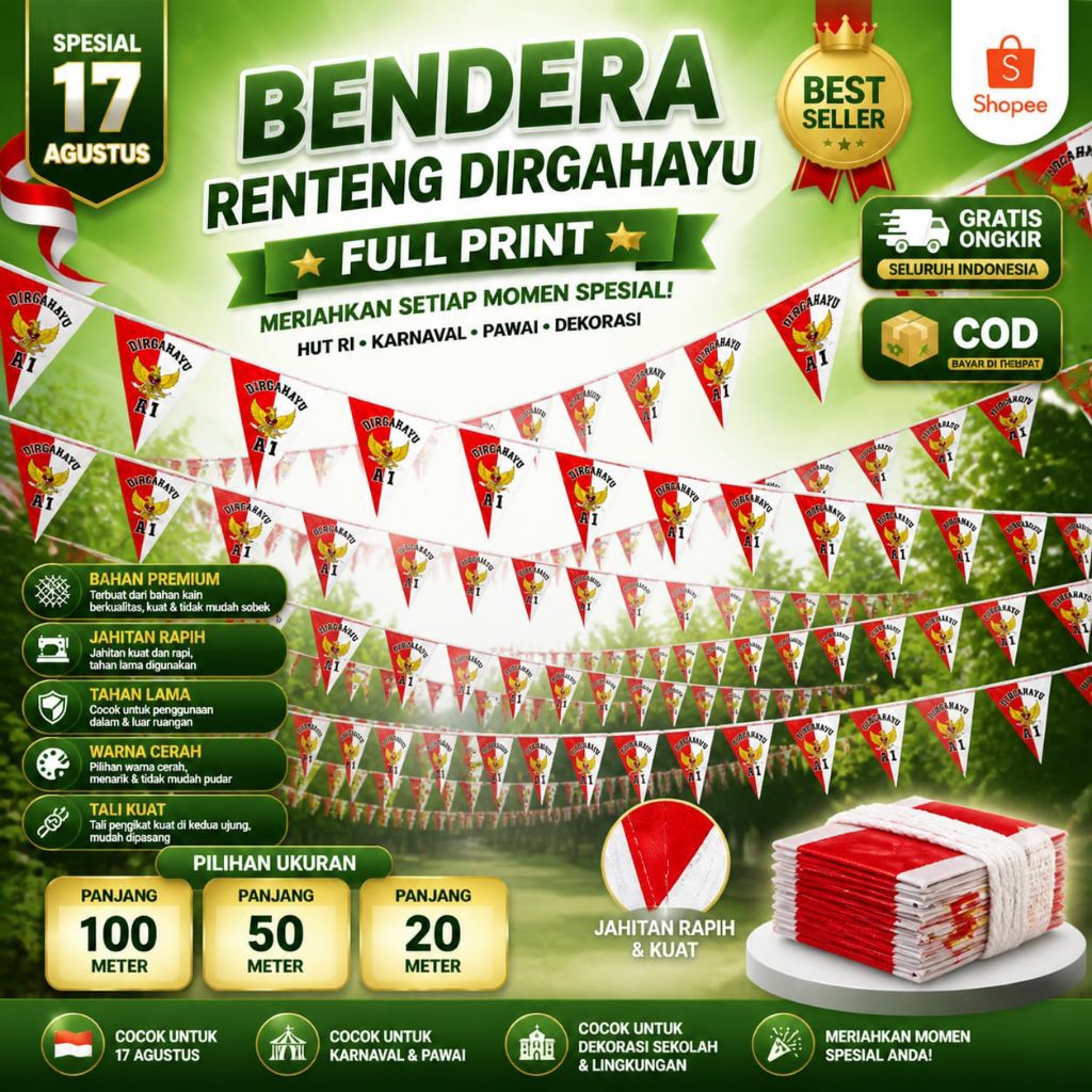 Bendera Renteng Garuda Segitiga Full Print Merah Putih | Dekorasi HUT RI 17 Agustus | Umbul Umbul Kemerdekaan | Bahan Tebal Tahan Cuaca