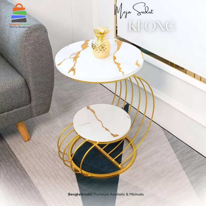 Meja Samping Keong Hilda 2 Susun / Coffee Table Sudut Modern Aesthetic Besi Gold Anti Karat