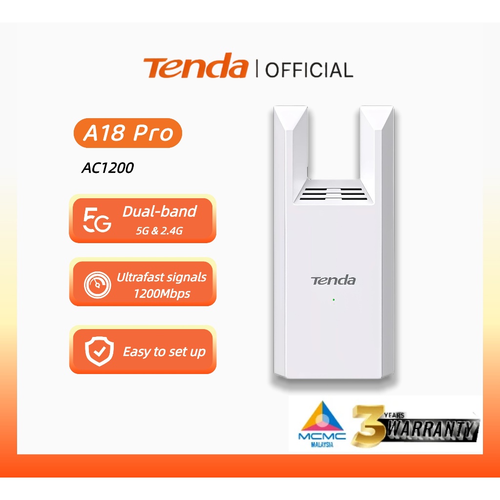 Tenda A18 Pro AC1200 WiFi Repeater WiFi Range Extender 1000Mbps extends signal range for whole-house coverage 3-year warranty