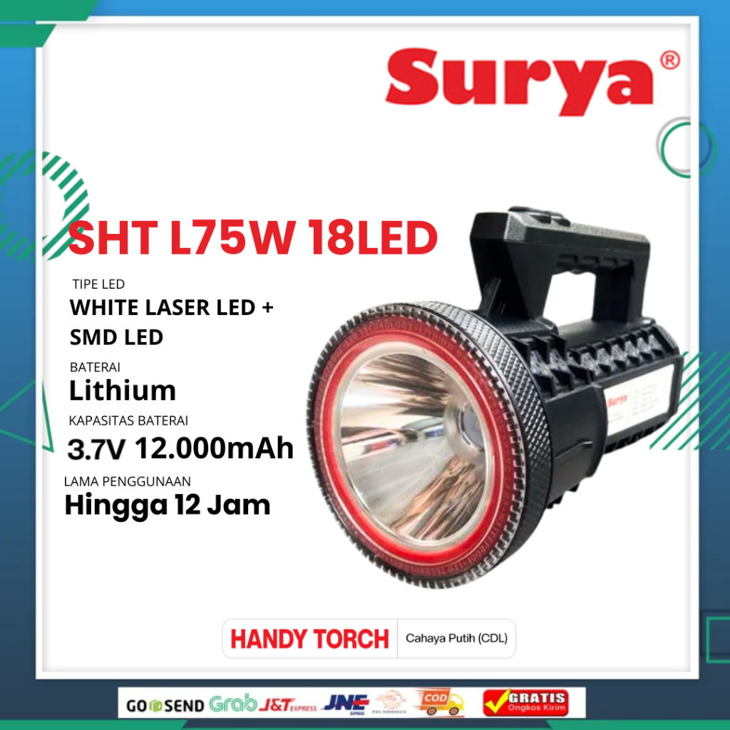 Jual Senter Tangan Besar Surya SHT L75W 18LED Rechargeable Cahaya Putih ...