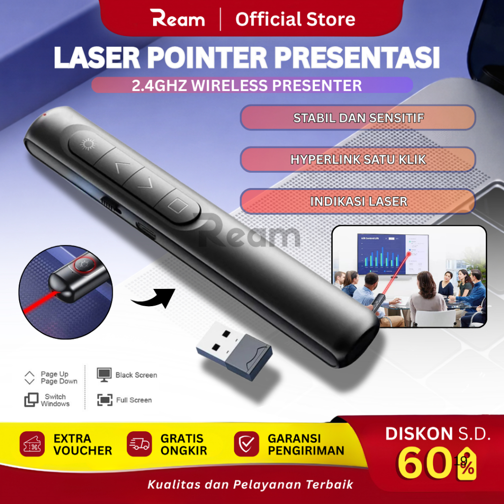 Jual REAM Laser Pointer Wireless Presenter PPT Rechargeable Remote ...