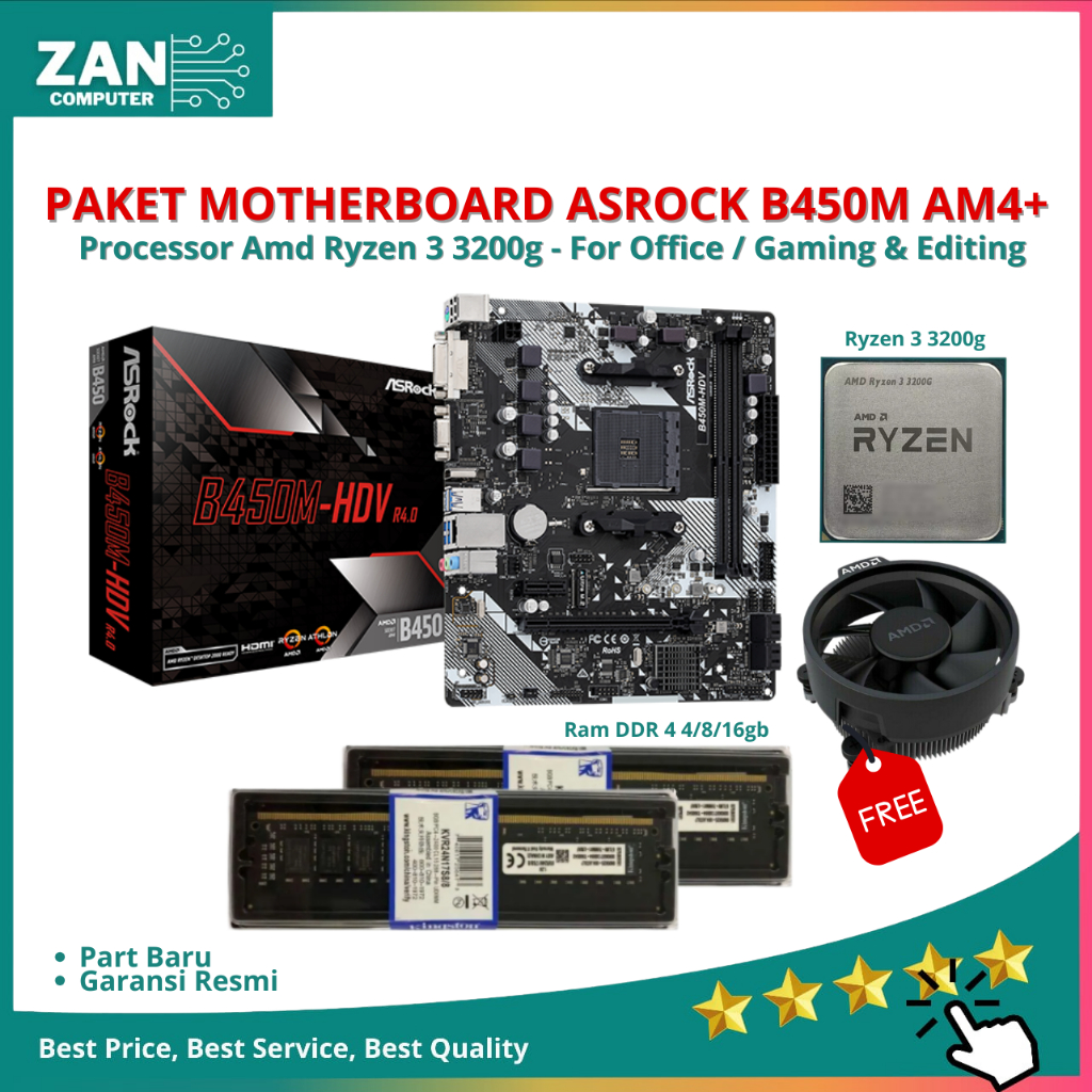 Jual Paket Motherboard B450M Asrock HDV R4.0 Socket AM4 DDR4