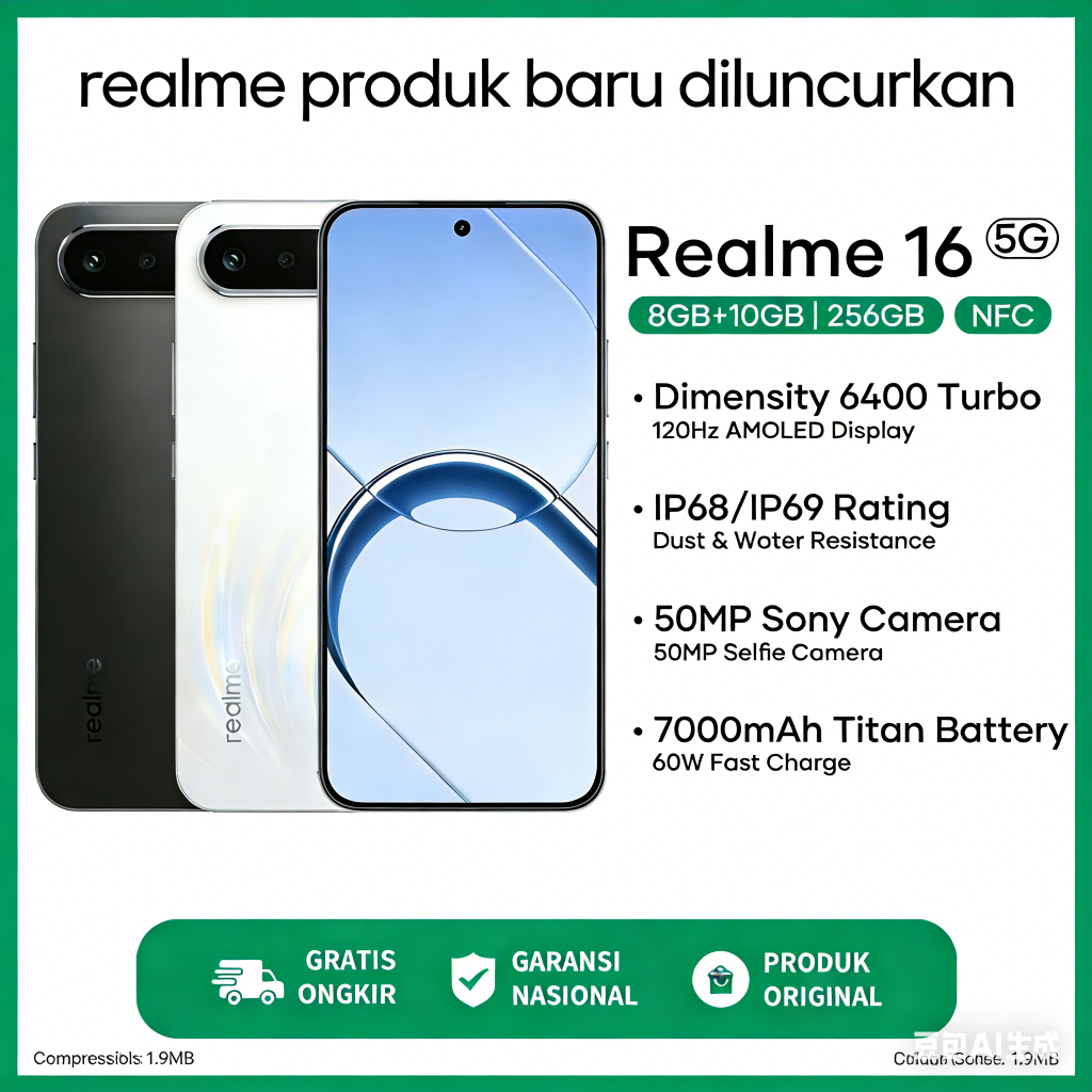 Realme 16 5G 8GB+10GB 256GB HP Realme 16 Pro 5G Garansi Resmi 7000mAh Baterai Titan 60W Fast Charging Kamera 50MP IP68 Anti Air Debu HP Android