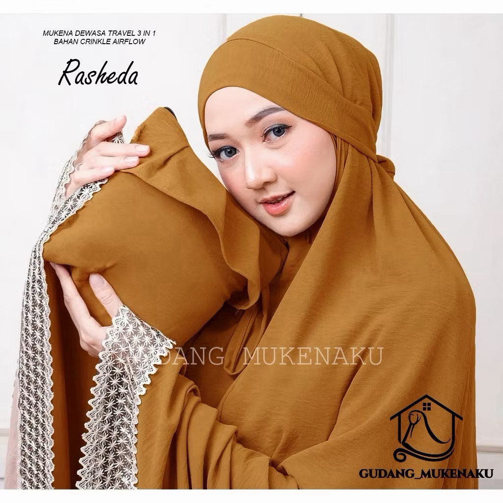 MUKENA DEWASA RASHEDA TRAVEL 3IN1 RENDA BINTANG BAHAN CRINKLE AIRFLOW PREMIUM FREE TAS