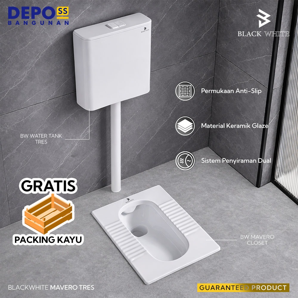 Blackwhite Kloset Jongkok Modern Flush Full 1 Set Mavero Tres / Closet WC Toilet Jongkok Otomatis Mavero Tres