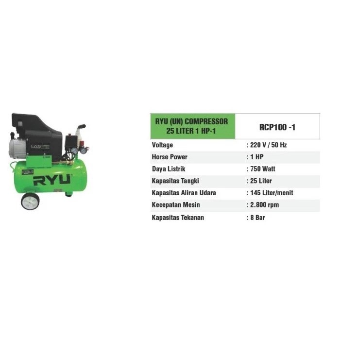Jual RYU RCP100-1 RCP 100-1 Kompresor 1 HP 1HP 24 Liter Portable ...